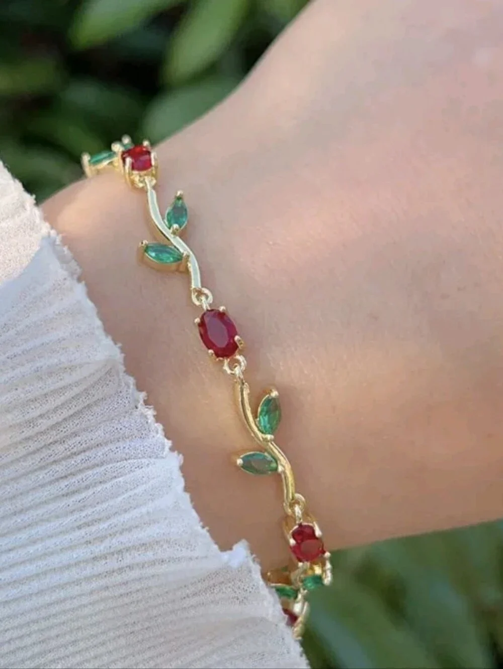 Gold Plated Red & Green Leaf Link Bracelet